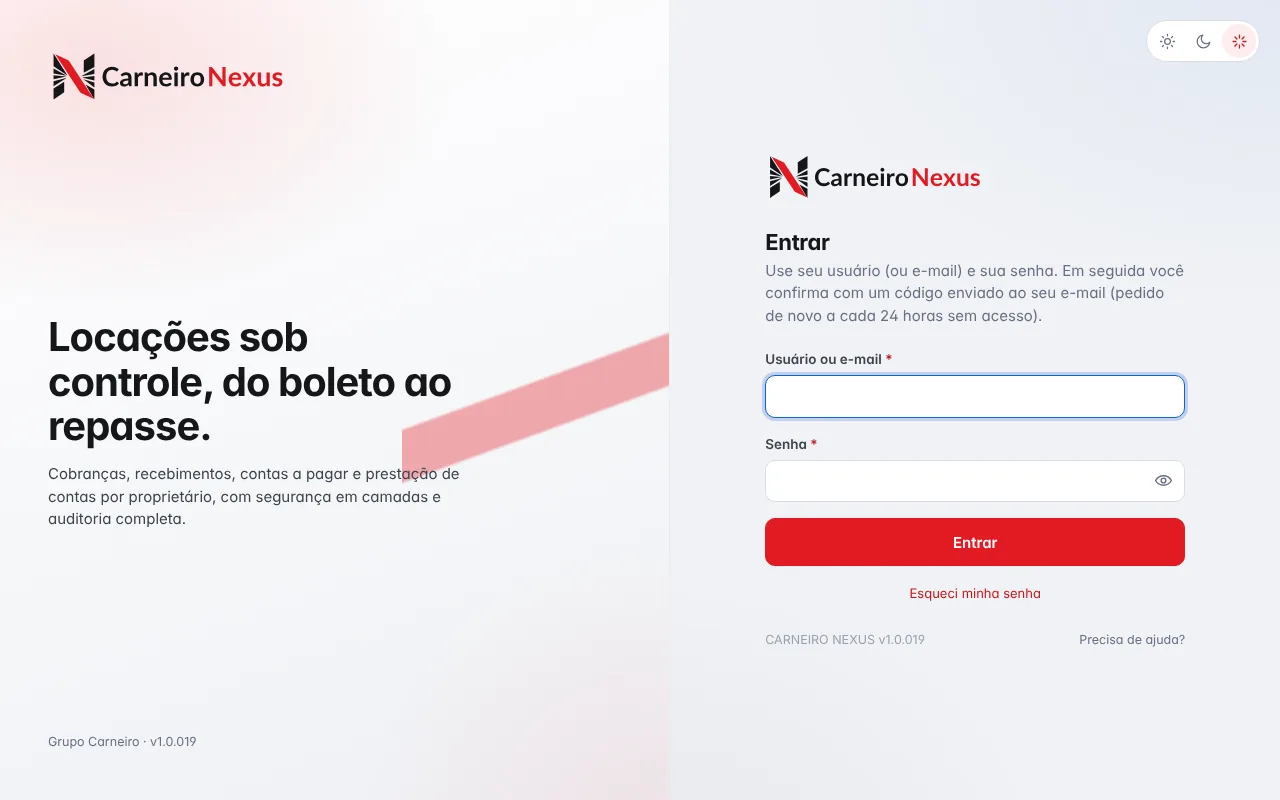 Tela de acesso do sistema financeiro Carneiro Nexus